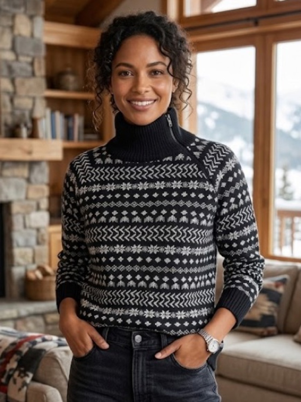 Lou & Grey‎ Women's S Fair Isle Zip Turtleneck Sweater Black White Nordic Winter
